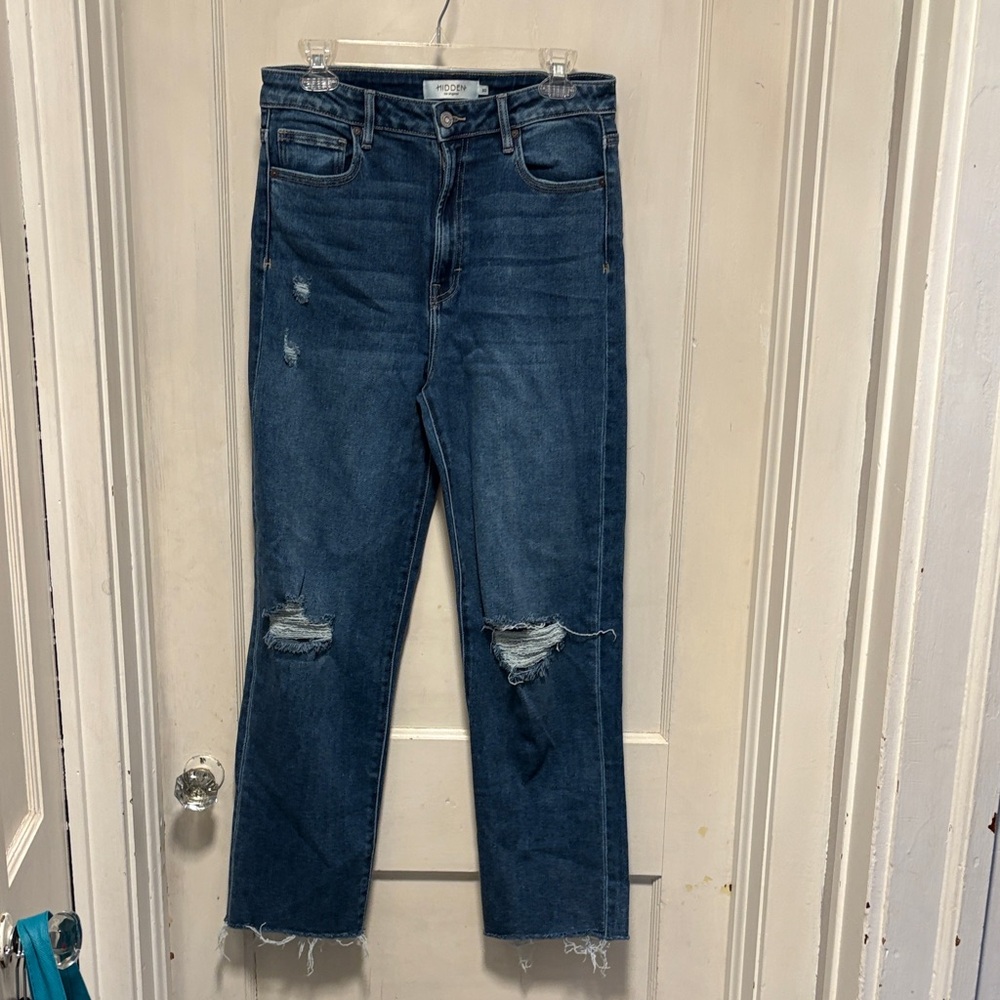 Hidden Los Angeles Distressed High Rise Cropped Raw Hem Straight Leg Jeans 30